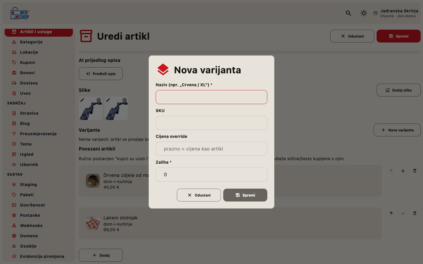 Dijalog za dodavanje varijante artikla