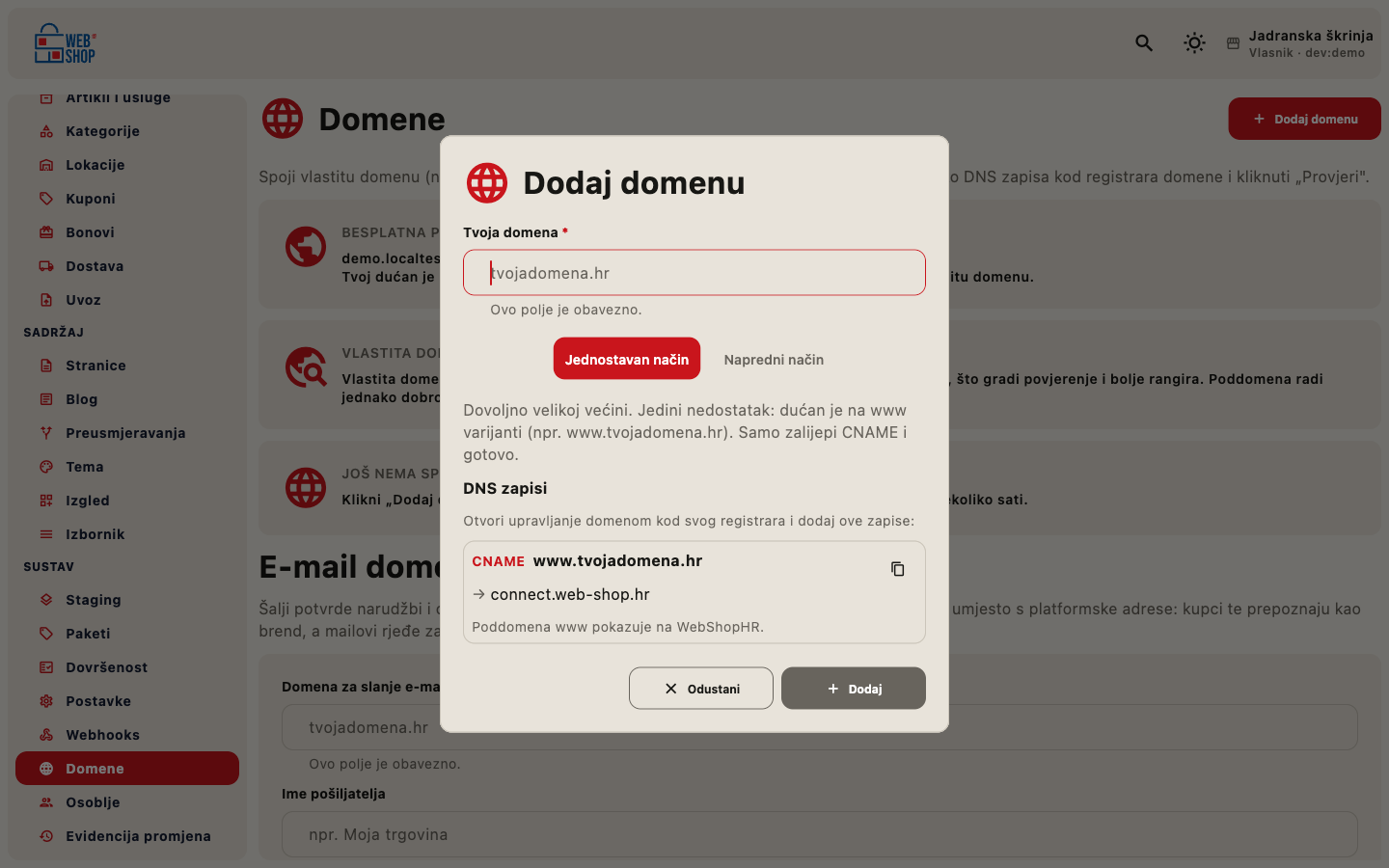 Dijalog za dodavanje domene: jednostavan način
