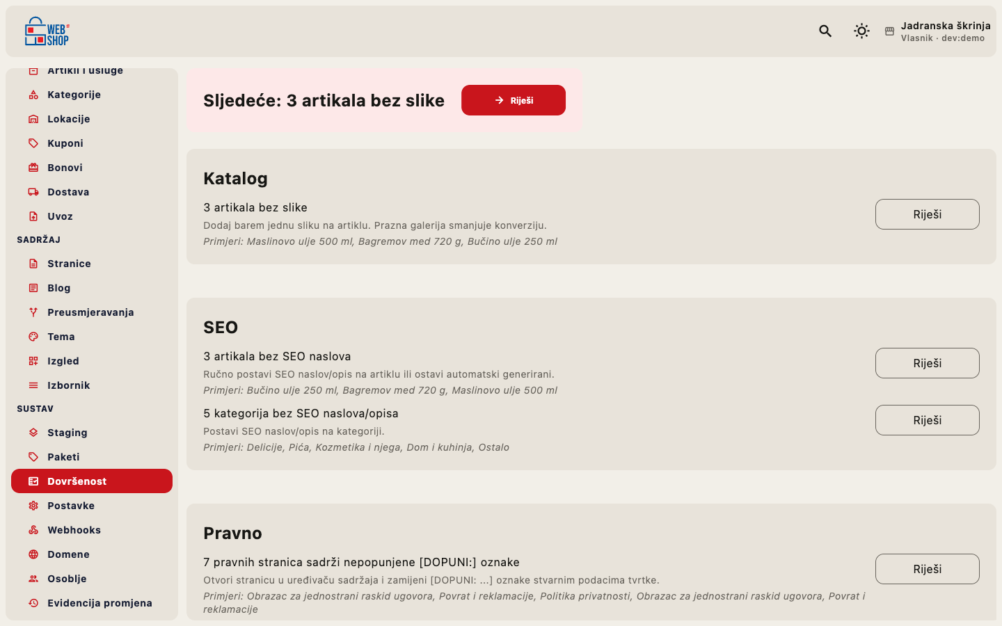 Detalji dovršenosti dućana s primjerima
