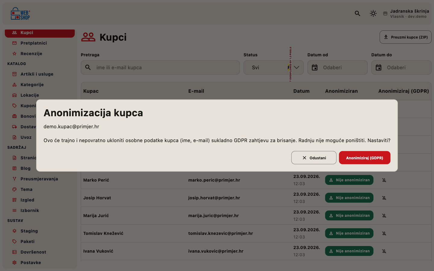 Potvrdni dijalog anonimizacije kupca (GDPR)