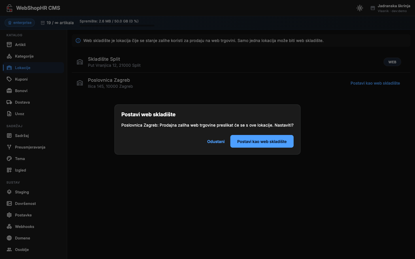 Potvrda postavljanja web skladišta