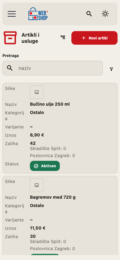 Popis artikala na mobitelu s prekidačima aktivnosti