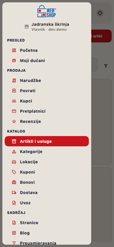 Navigacijski izbornik CMS-a na mobitelu