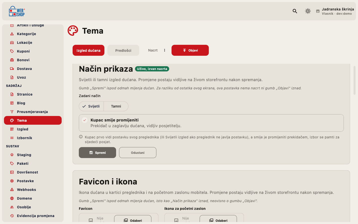 Kartica „Način prikaza" na kartici Izgled dućana, sa segmentiranim gumbom Svijetli/Tamni za zadani način i prekidačem „Kupac smije promijeniti"