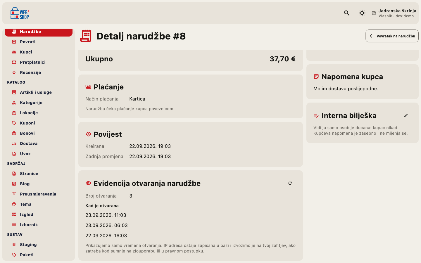 Evidencija otvaranja narudžbe na detalju narudžbe, s popisom vremenskih oznaka otvaranja