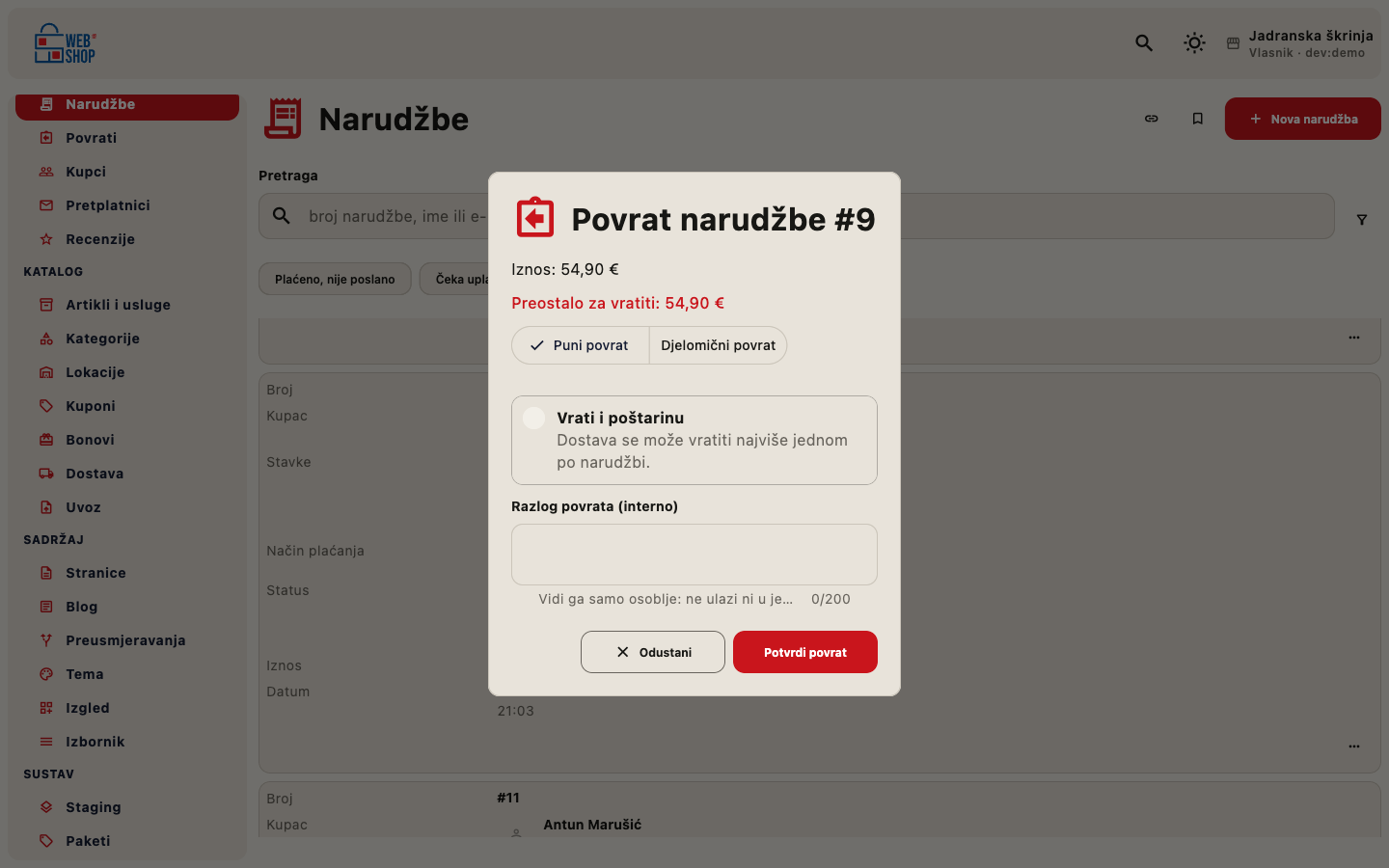 Dijalog za povrat narudžbe