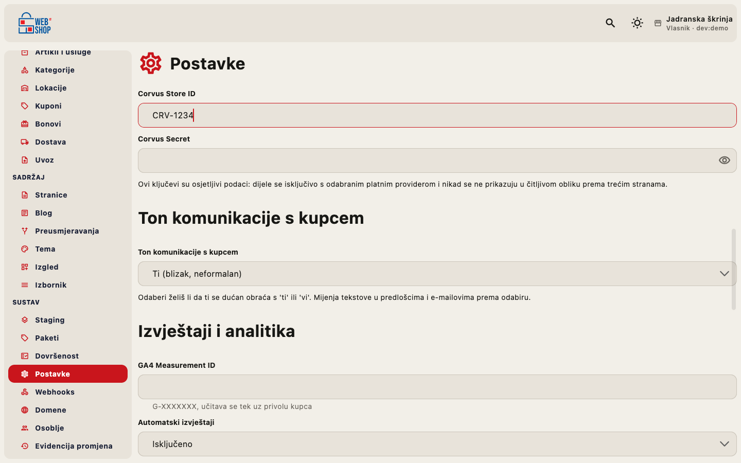 Postavke: odabran CorvusPay s poljima Store ID i Secret