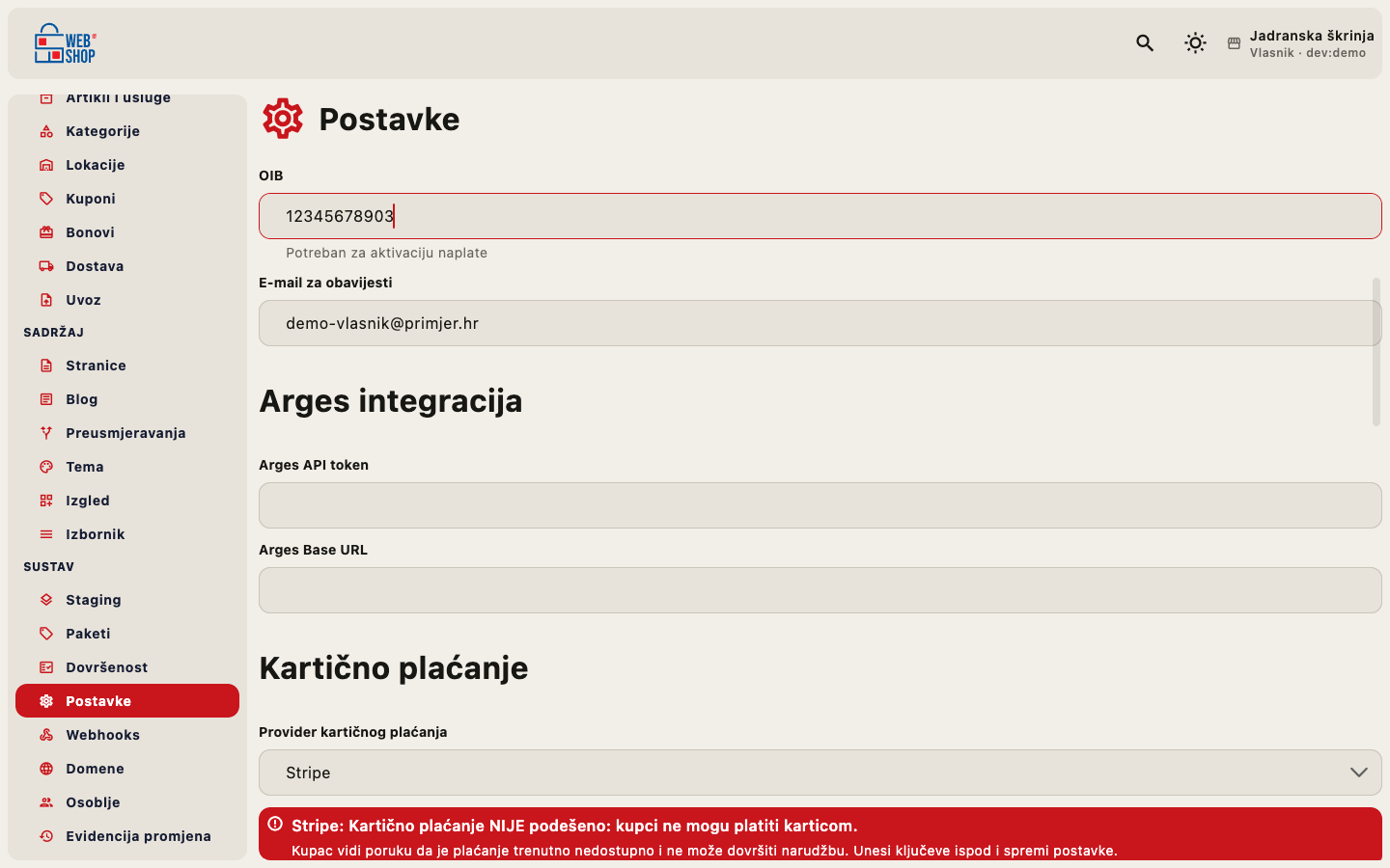 Polje OIB u postavkama tvrtke: aktivira naplatu
