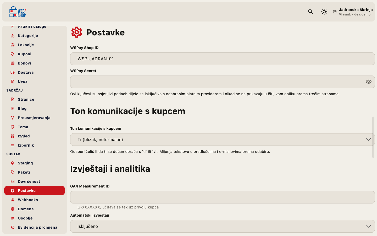 Postavke: odabran WSPay s poljima Shop ID i Secret