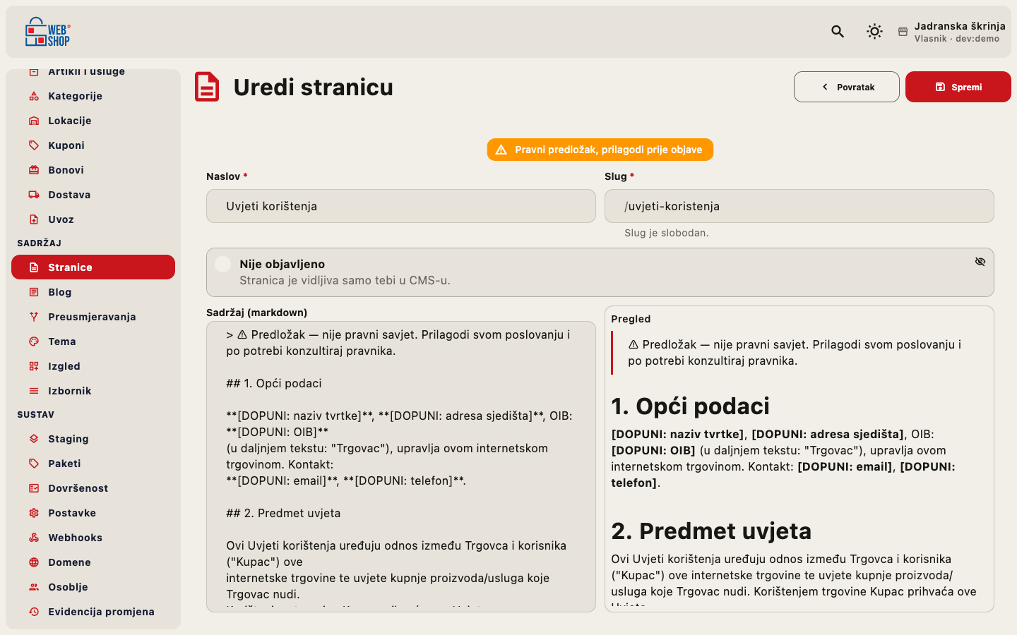 Upozorenje na pravnom predlošku u editoru sadržaja