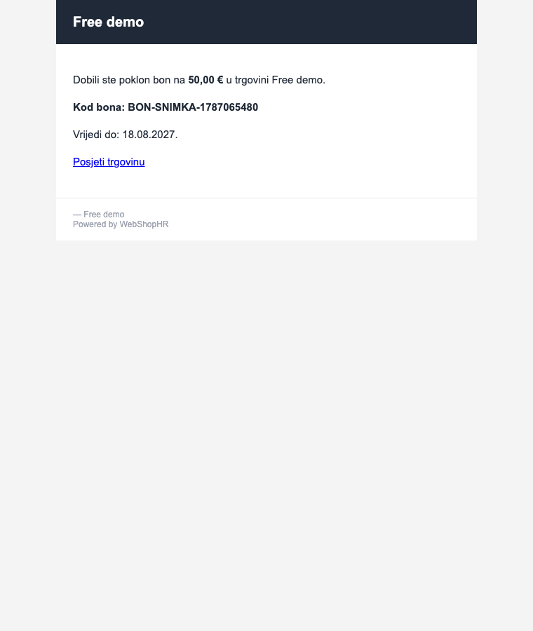E-mail primatelju s kodom poklon bona
