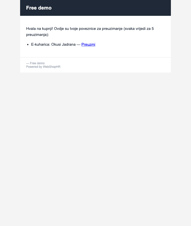 E-mail s poveznicom za preuzimanje digitalnog proizvoda