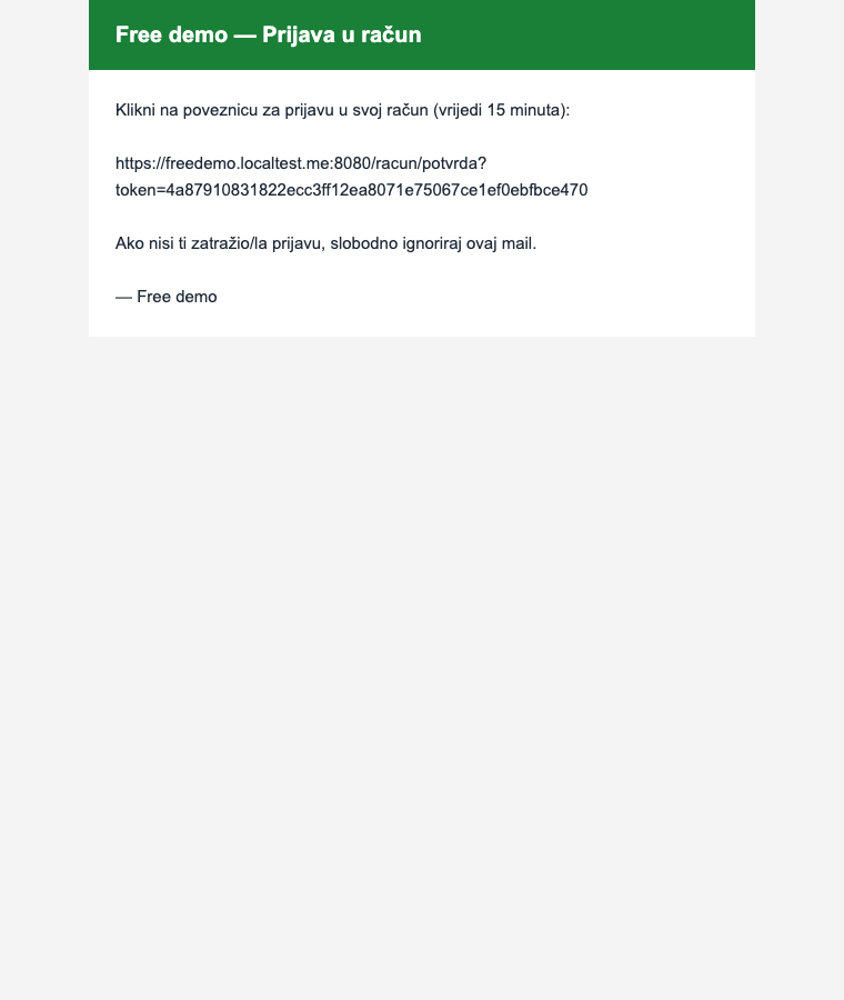 E-mail s poveznicom za prijavu (magic link)
