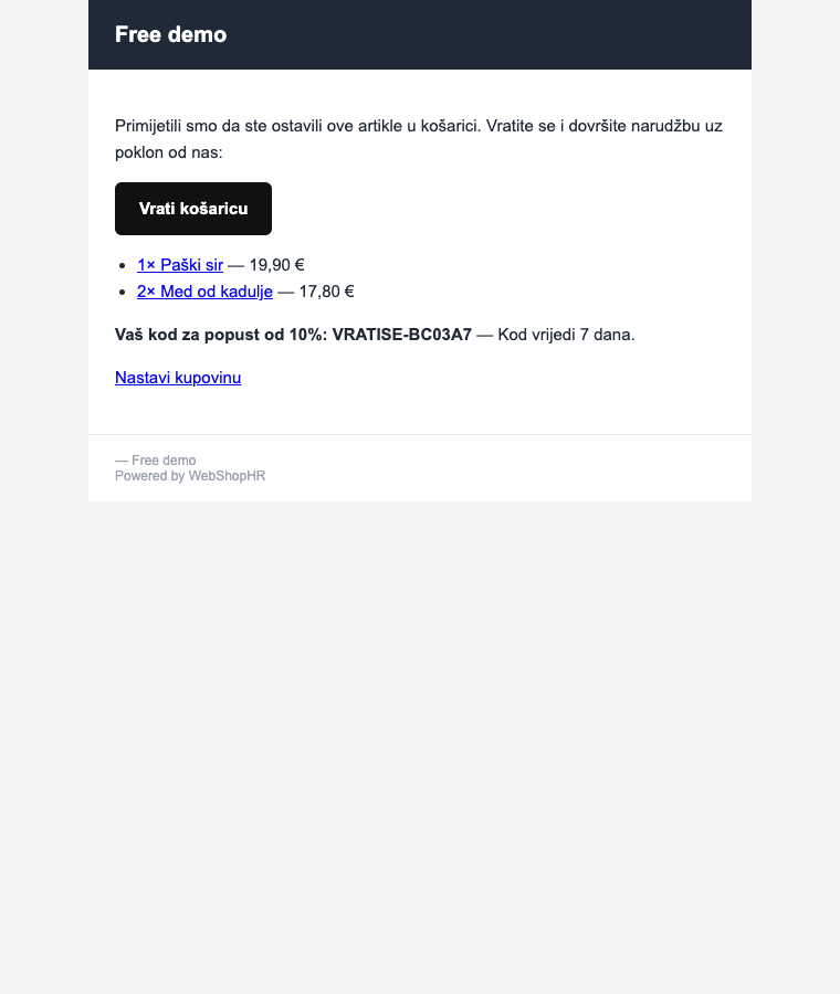 Mail podsjetnik za napuštenu košaricu