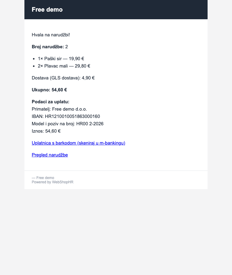 Mail-potvrda na Free paketu: s oznakom „Powered by WebShopHR"