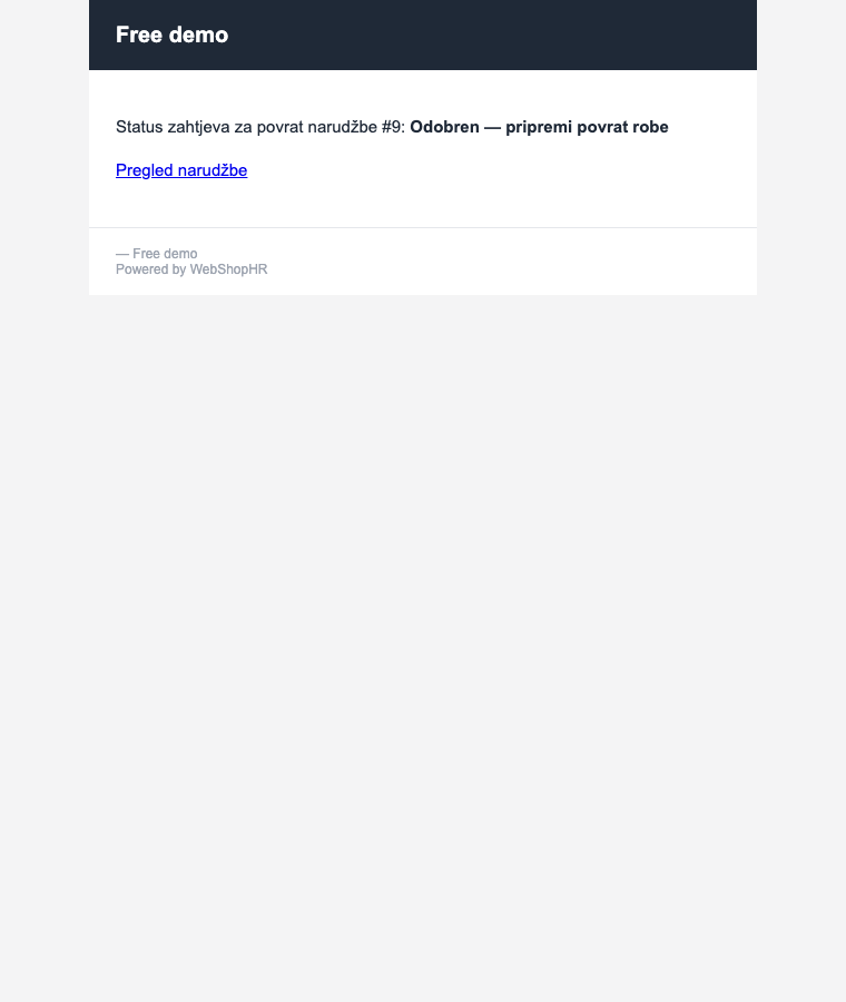 E-mail kupcu o promjeni statusa zahtjeva za povrat