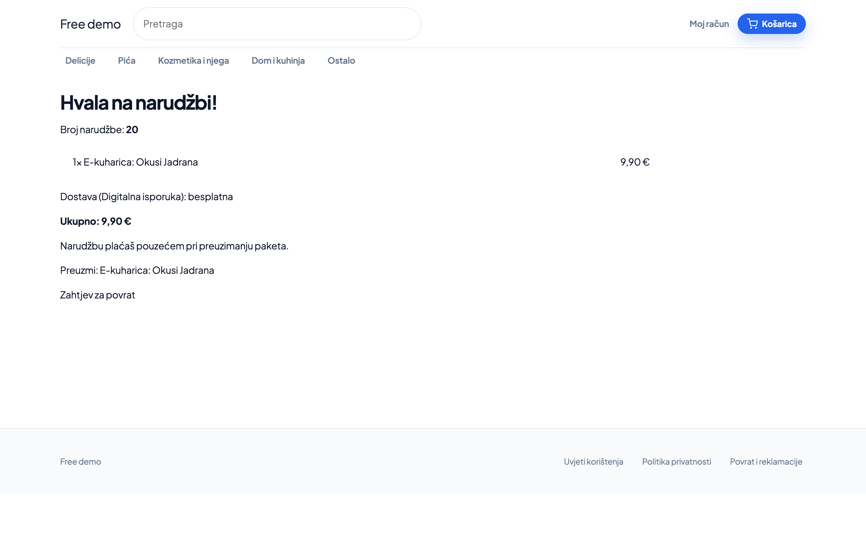 Stranica narudžbe s poveznicom za preuzimanje digitalnog proizvoda