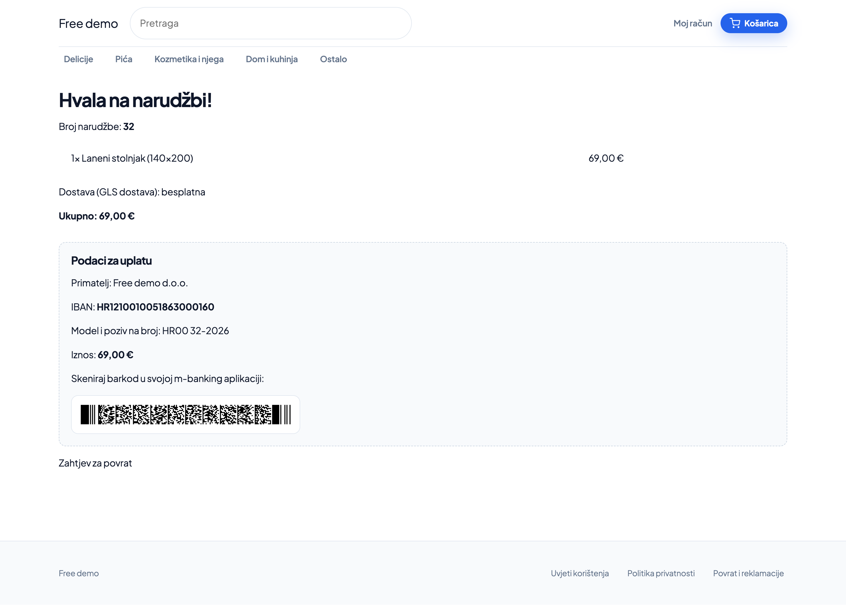 Potvrda narudžbe s HUB-3 uplatnicom (virman)