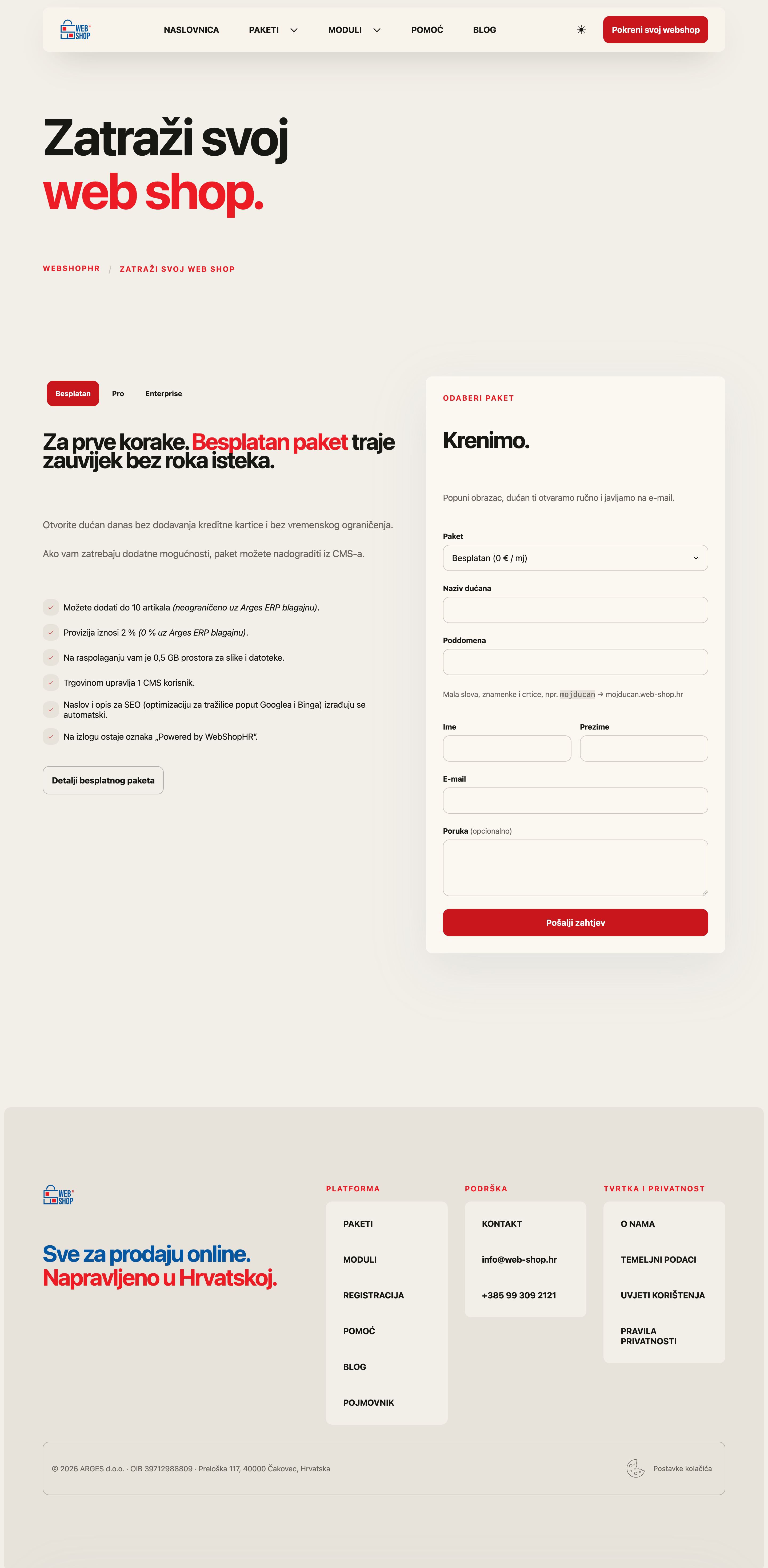 Zahtjev za registraciju trgovine na WebShopHR-u