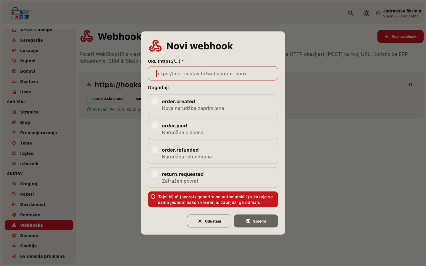 Dijalog za dodavanje novog webhooka