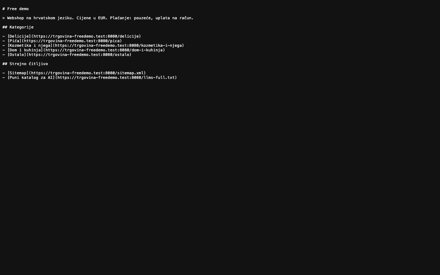 Sadržaj /llms.txt datoteke prikazan u pregledniku, s nazivom dućana, kategorijama i poveznicom na llms-full.txt